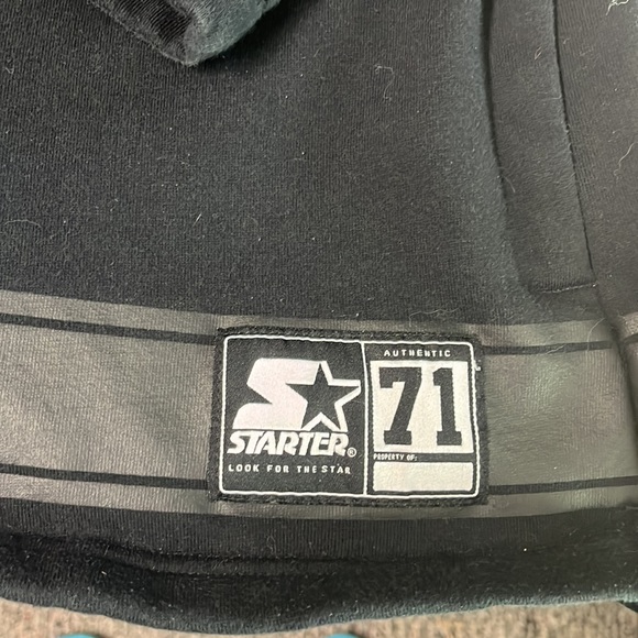 Black Starter pullover Hoodie with faux leather stripes on arms and bottom - Picture 5 of 6